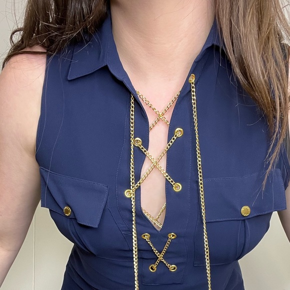 Micheal Kors Navy Sleeveless Maxi Dress With Chain Lace Up Neckline - Picture 6 of 16